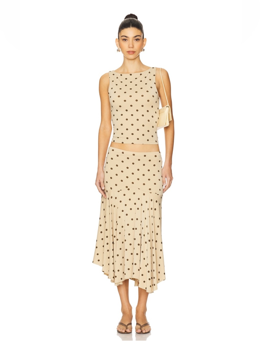 With Jean- Meave Top and Midi Skirt in Polka Dot